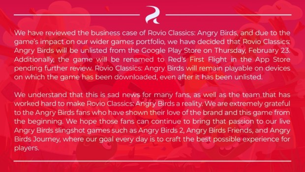 Angry Birds Game Shut Down