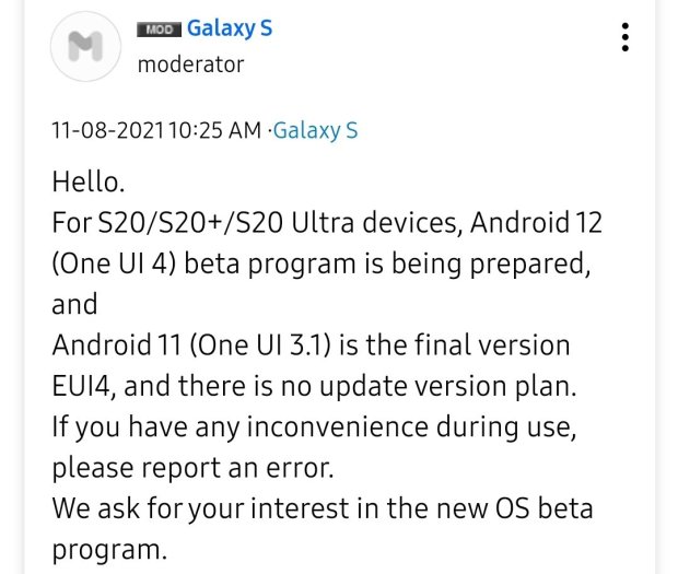 Galaxy S20 One UI 4 Beta News